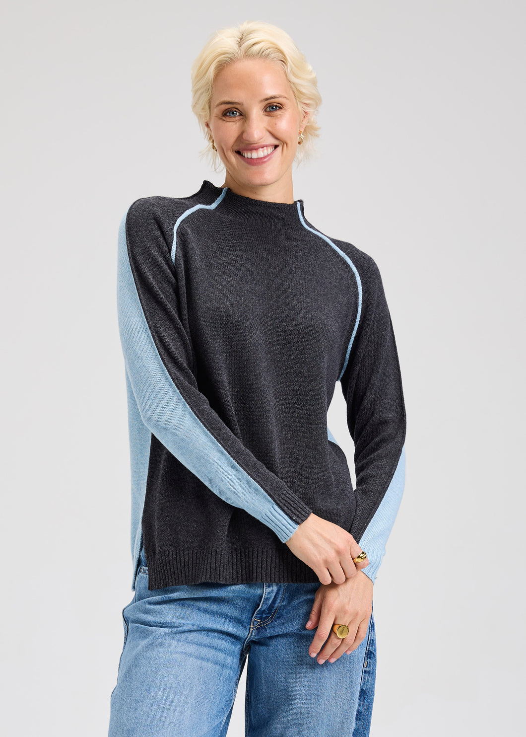 Rochelle Reversable Charcoal and Light blue Funnel Neck Sweater