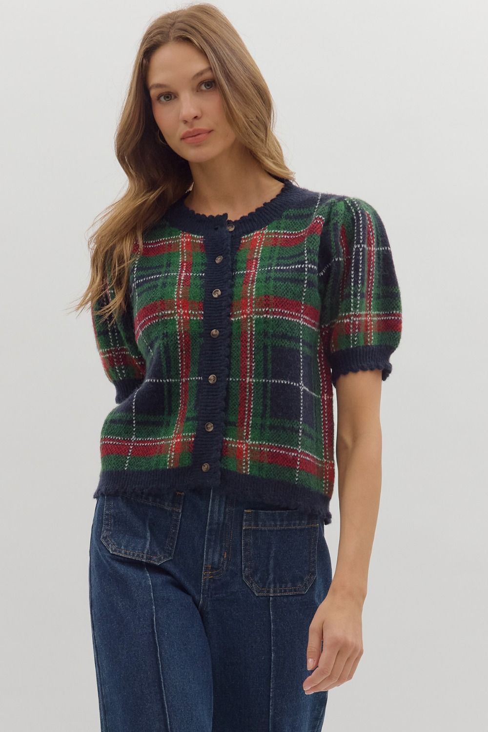 Randi Button Down Navy Plaid Cardigan with Puff Sleeve
