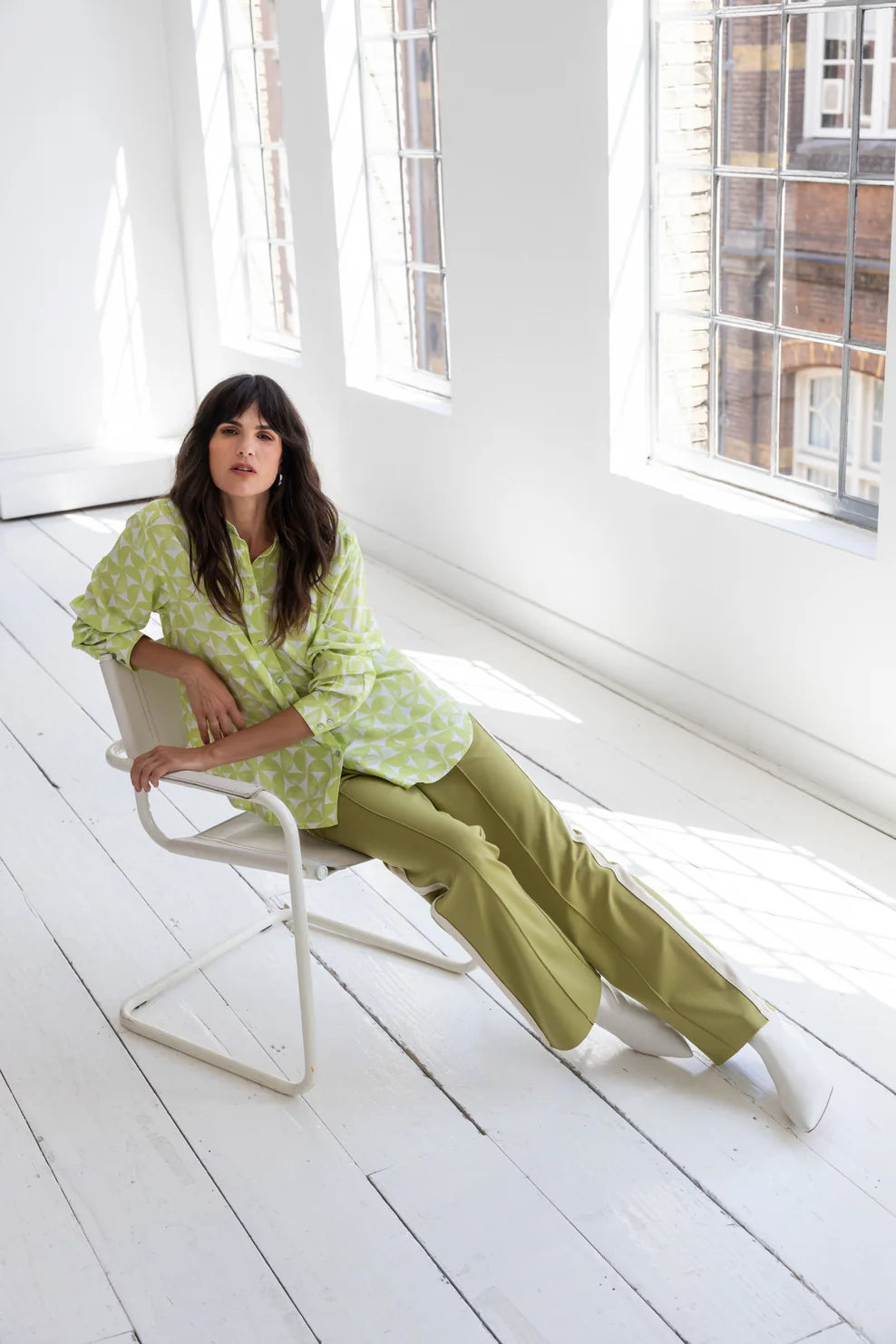Rashida Lime Green and White Pattern Button Down Top with Long Sleeves
