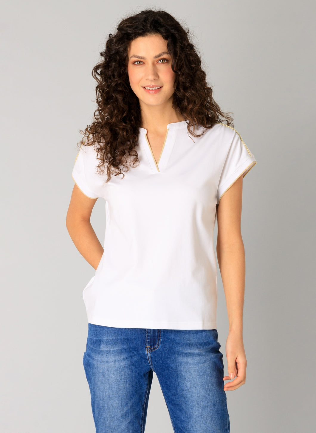 Renea Short Sleeve V Neck White Tee Shirt with Gold Trim
