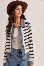 Load image into Gallery viewer, Shelley Navy or Taupe Striped knit Sweater jacket with Denim Trim
