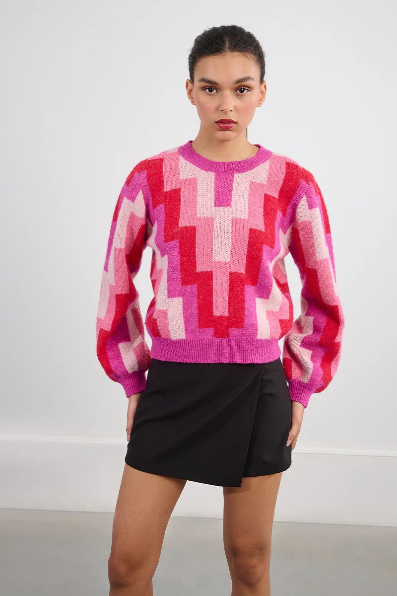 Suzie Fuchsia Geo Pattern Crew Neck Sweater