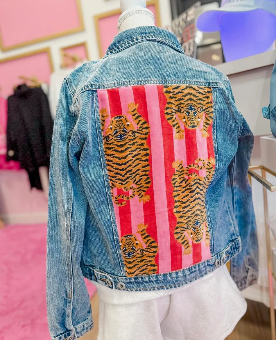Tony Light Denim Jacket with Pink Tiger Print Fabric on Back