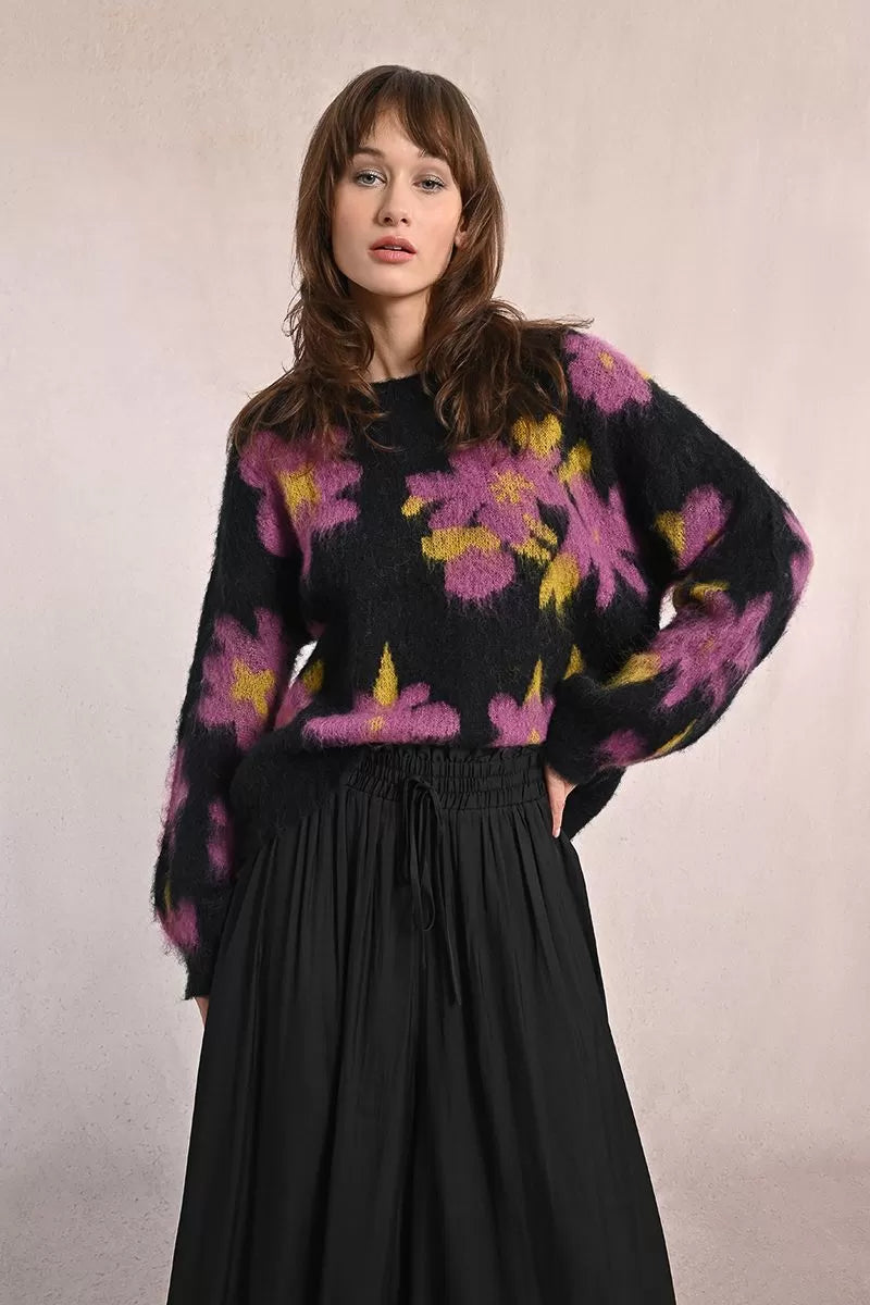 Violet Floral Pattern Black Sweater