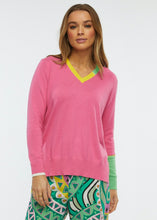 Load image into Gallery viewer, Barbie Pink with Green and Yellow V Neck Trim
