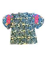 Load image into Gallery viewer, 🚨 Restock next week!  Call us to save one!  Blanche Steel Blue Patterned Top with Embroidered Puff Sleeves
