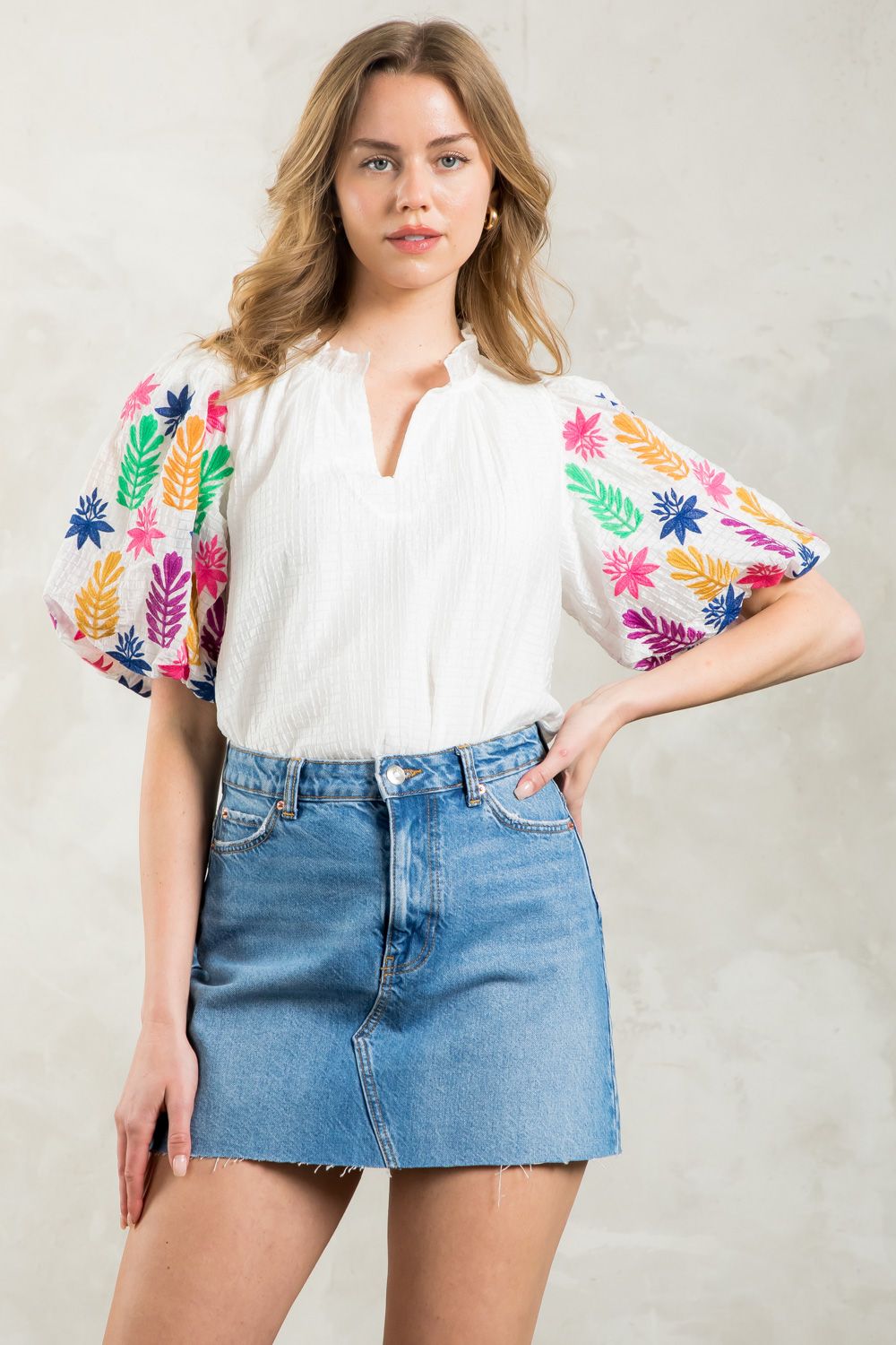 Torrie textured Embroidered Puff Sleeve Top