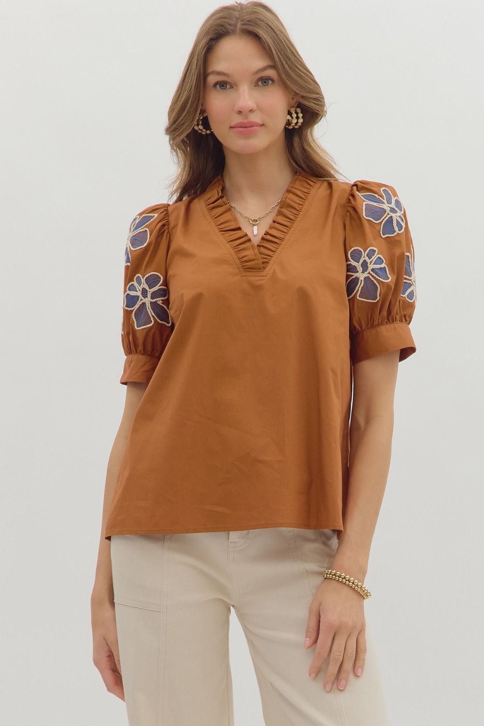 Carmela Puff Sleeve Top with Floral Sleeve Pattern