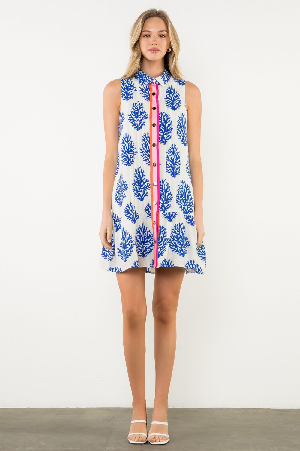Caroline White and Blue Coral Print Dress