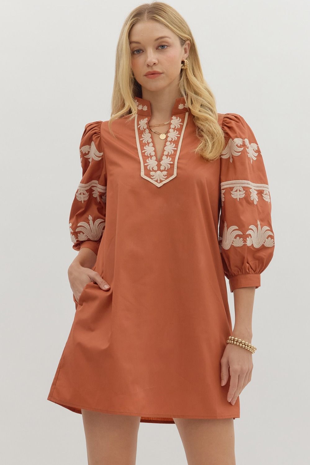 Debra puff-sleeve chestnut Dress with Cream embroidery