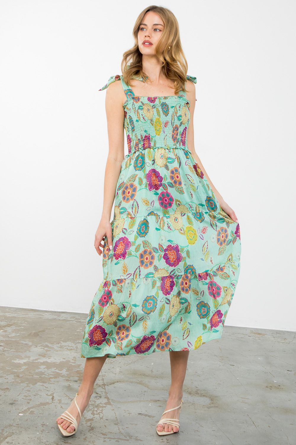 Deni Light Green Floral  Smocked Midi Dress with Tie Straps