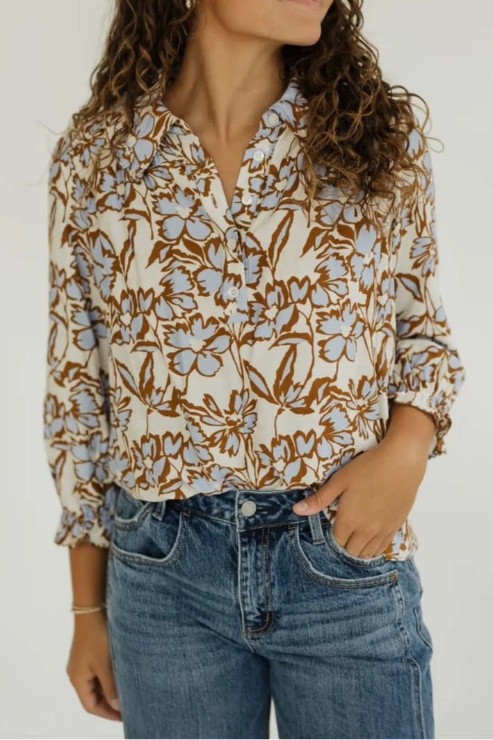 Denny Light Blue and brown Floral Patterned Long sleeve Top
