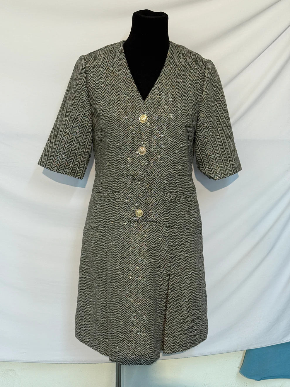 Darla Pleated Dress with Gold Buttons and 3/4 Sleeves