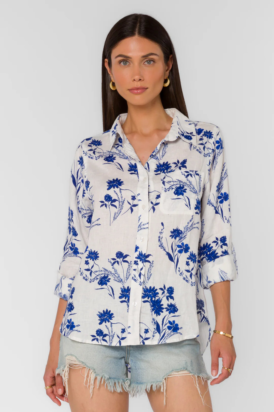 Elisa Blue and White Floral V Neck long Top