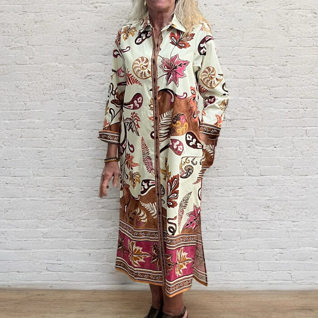 Eliza Misty Ferns pattern button down Midi Dress