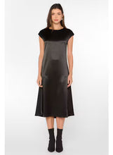 Load image into Gallery viewer, Evelyn Satin Short Sleeve Midi Dress in Copper and Black

