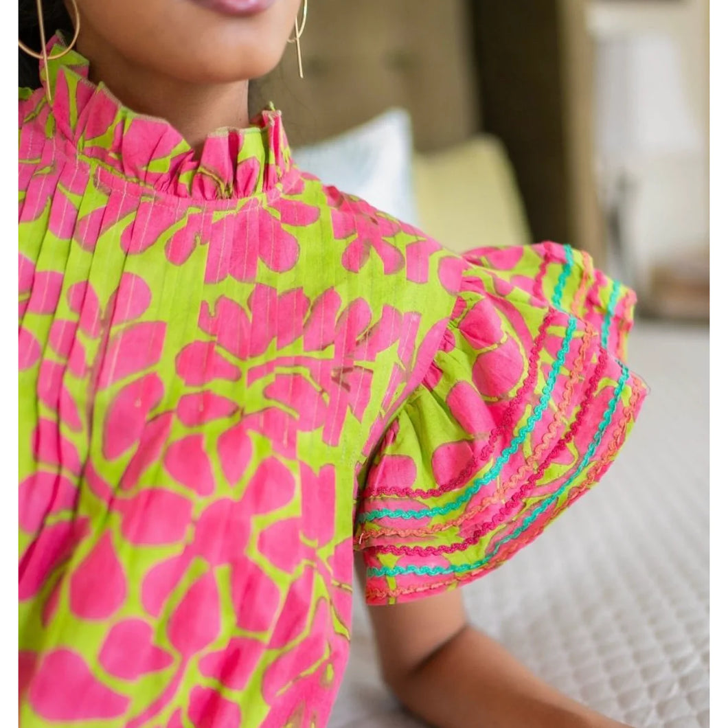 Razzle Lime Green and Hot Pink Flutter Sleeve Top