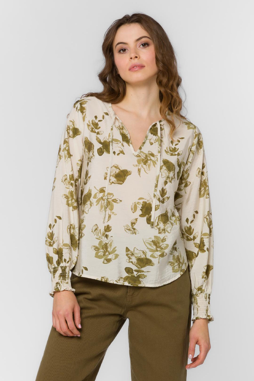 Freda Olive Floral Long Sleeve Tie neck Top