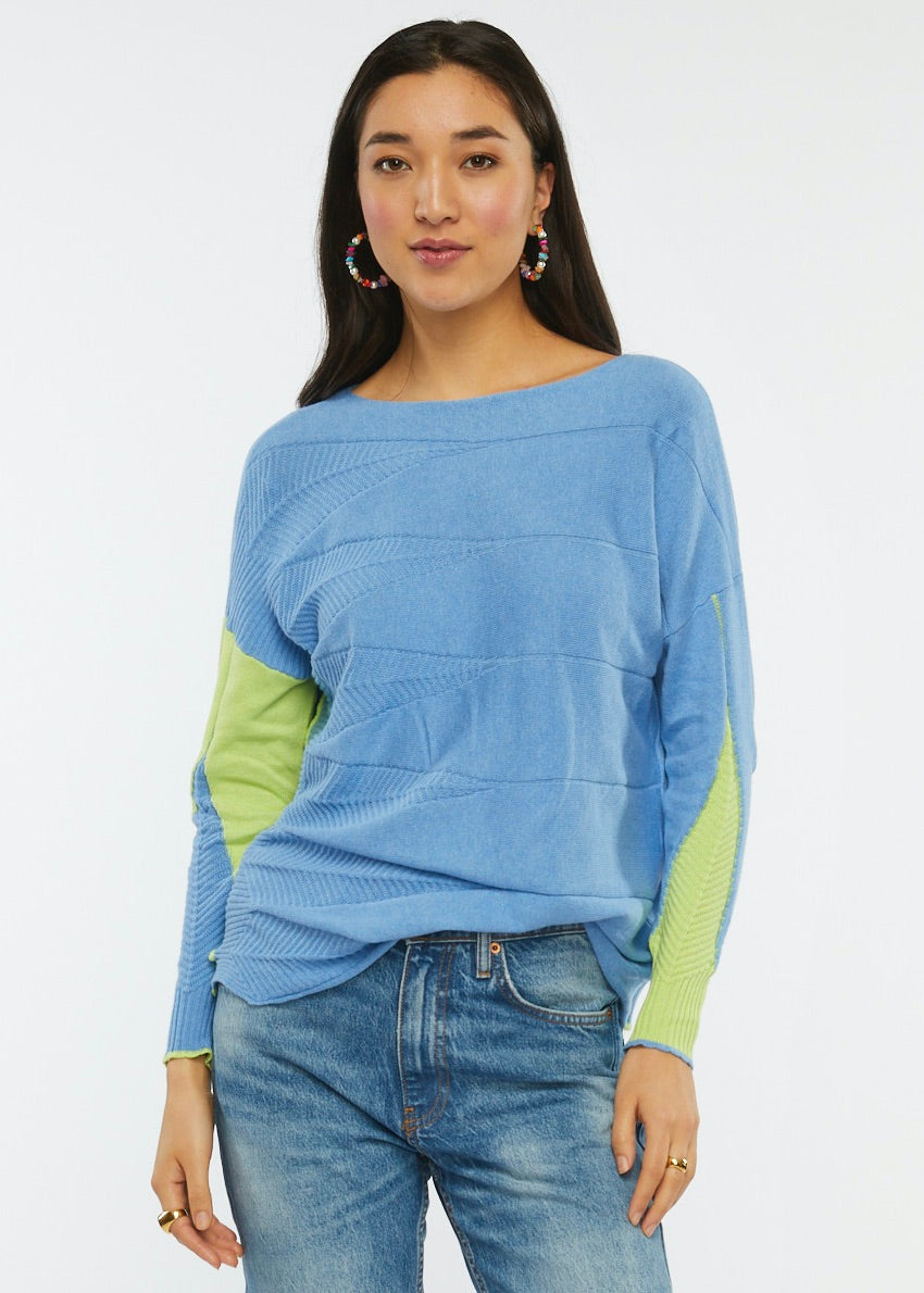 Chandler Chambray with Lime green Sleeve Detail Crew Neck Sweater