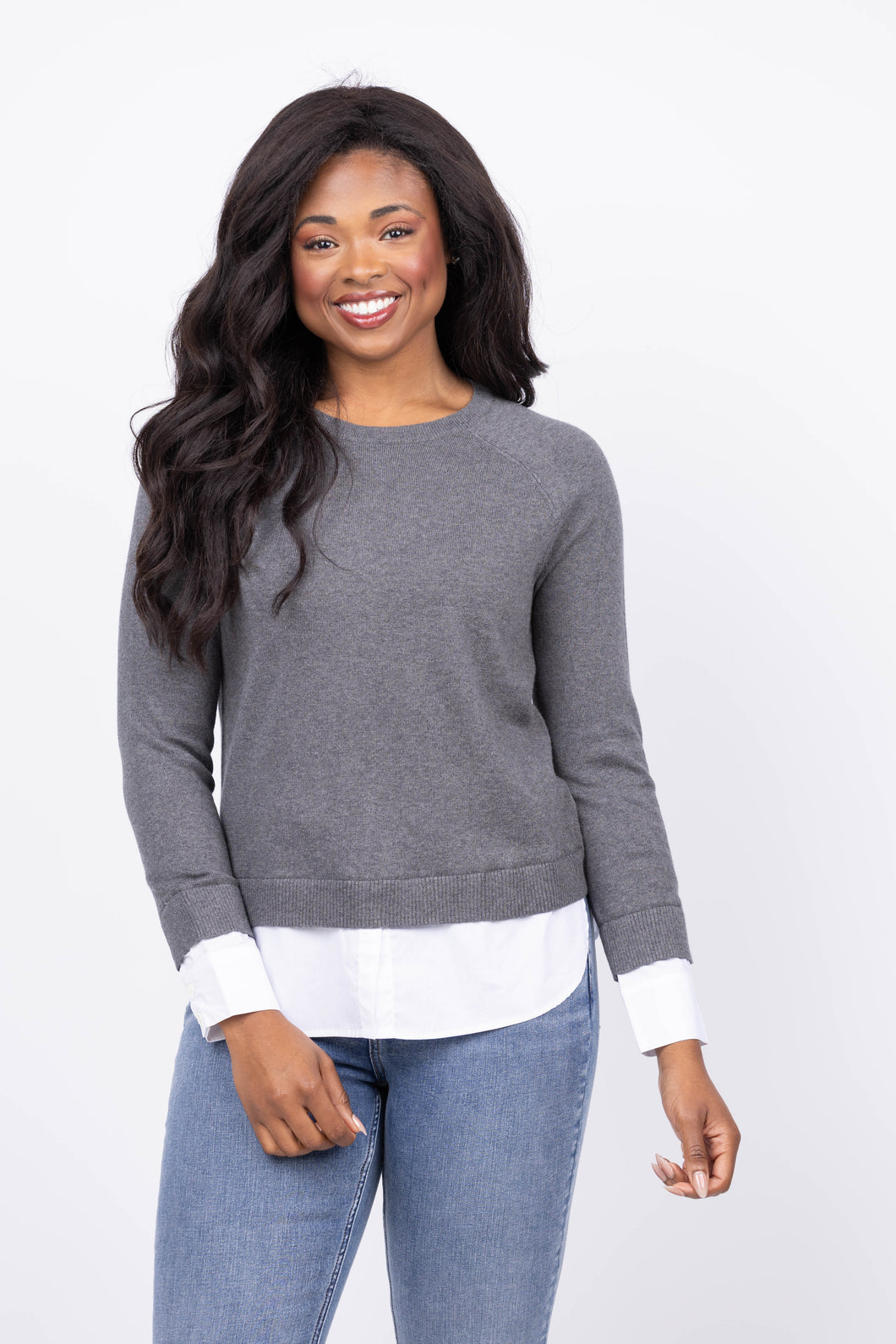 Gunmetal Crew Neck Mixed media Sweater