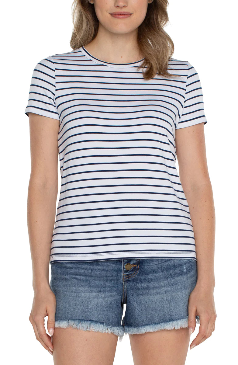 Janey Blue and White Stripe Slim Fit Crew Neck T Shirt