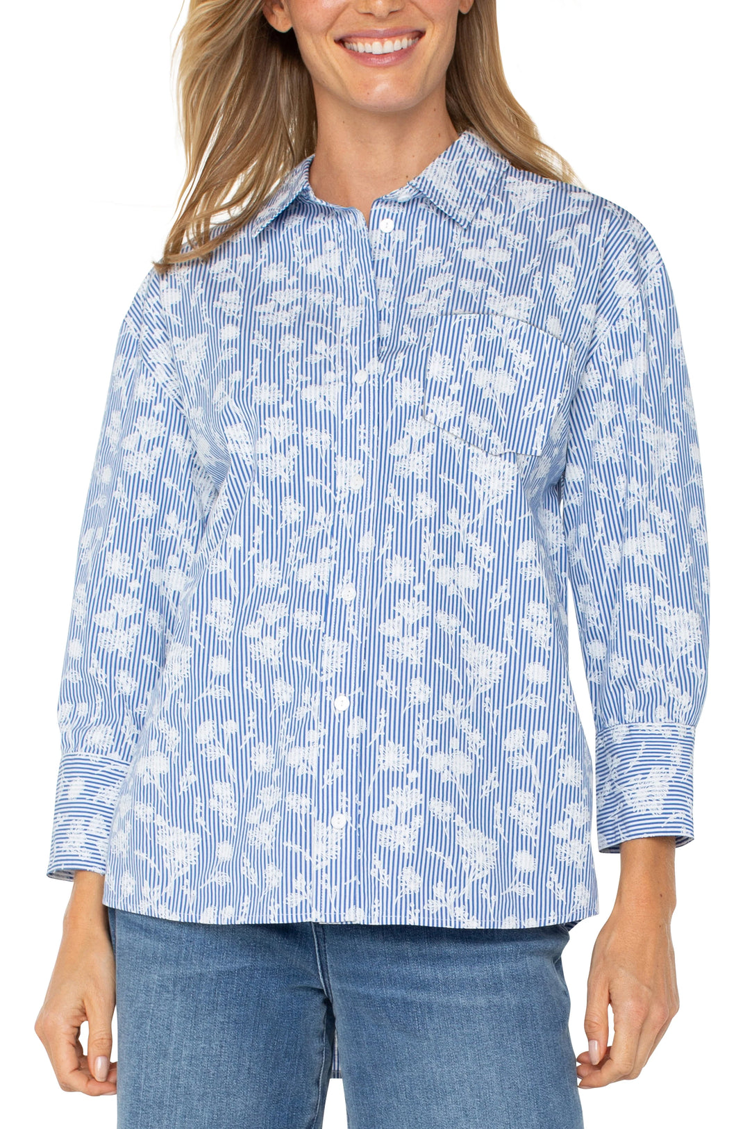 Joyce Blue and White Stripe Button Down Long sleeve to with White Flower Pattern