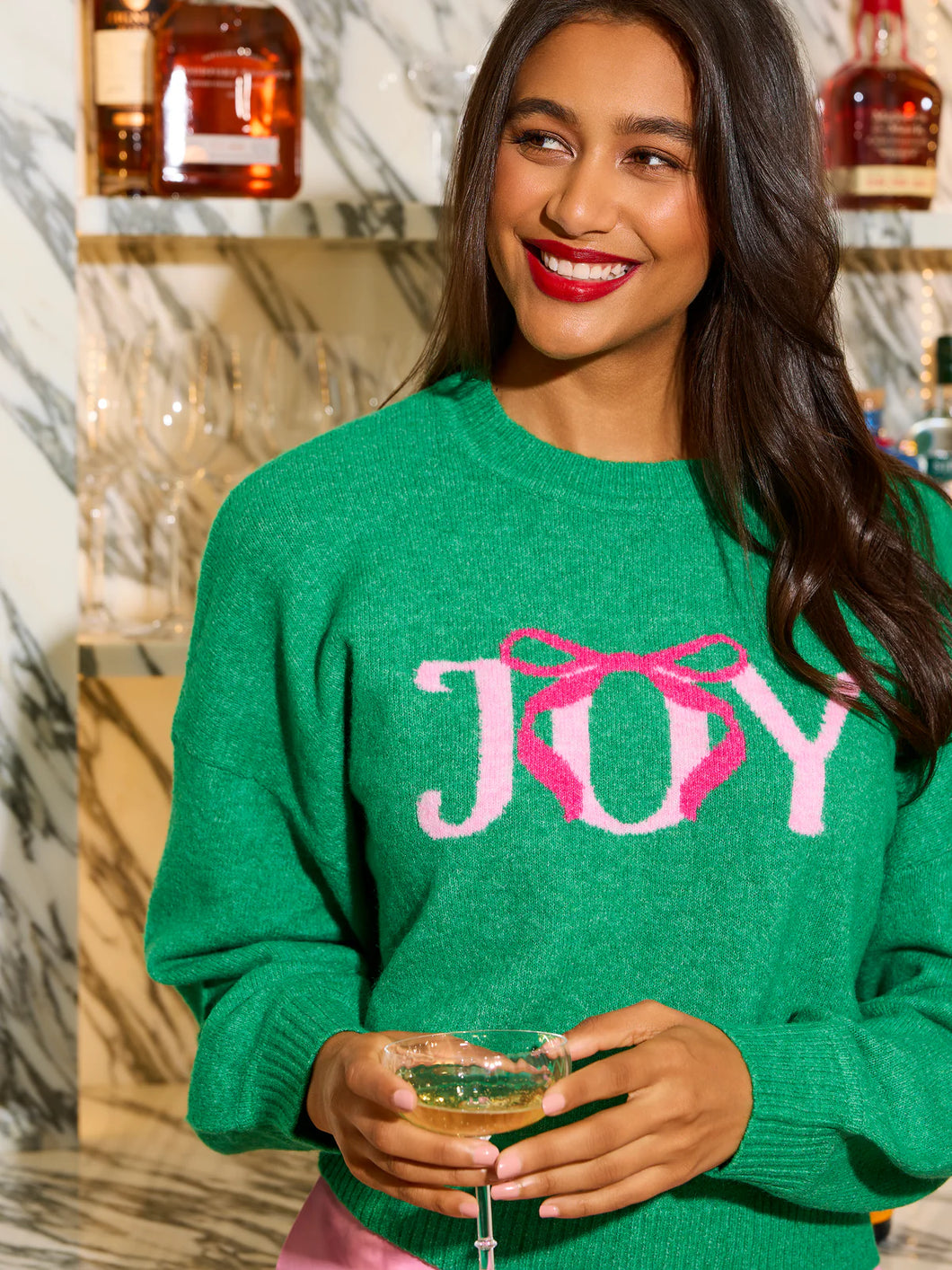 Joy Sweater in Green with Pink Lettering and Bow