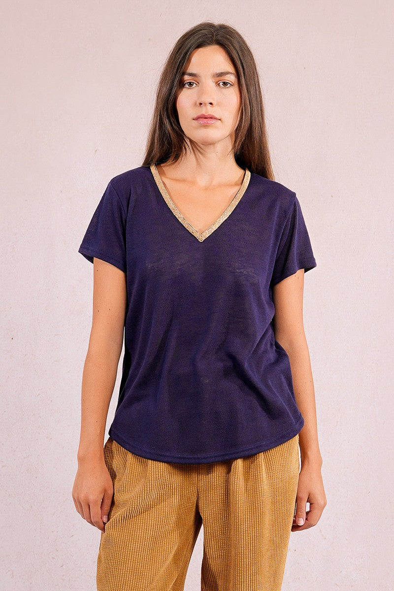 Laurel Short Sleeve V Neck Tee Trimmed in Gold