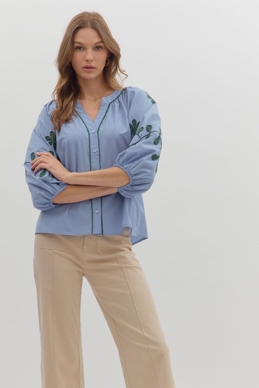 Mimi long puff-sleeve top slate blue