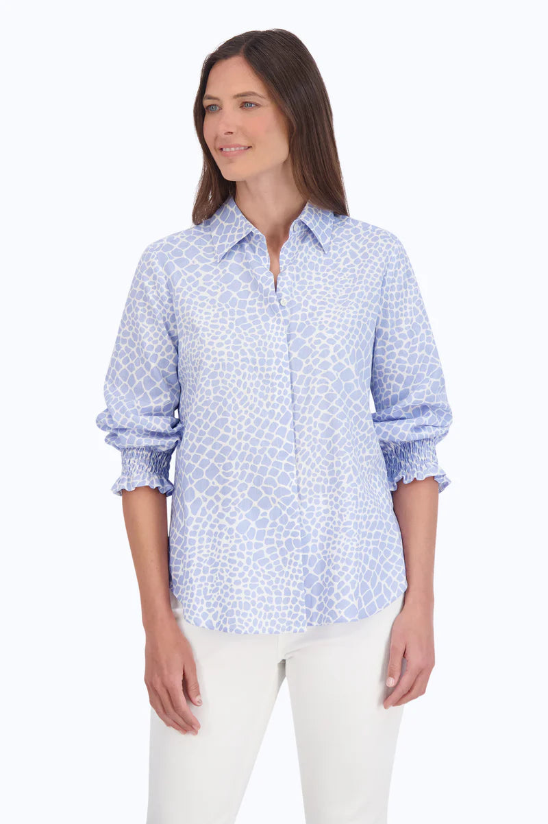 Olivia Blue and White Giraffe pattern Easy Care Linen Shirt