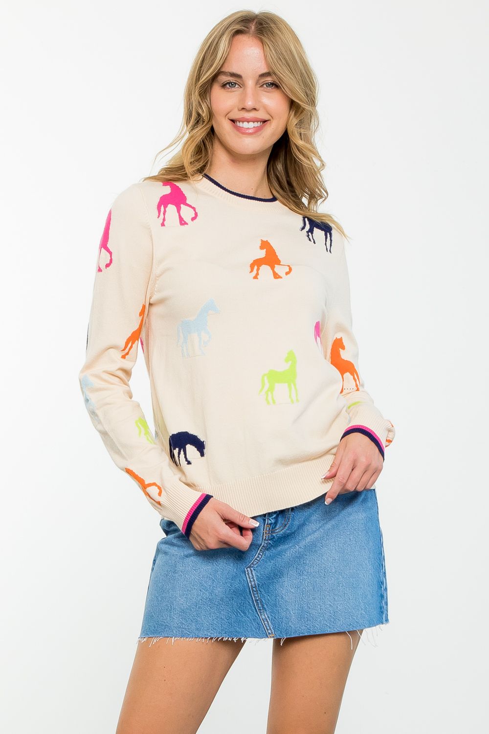 Pony up! Cream Sweater with Multi Color Horses