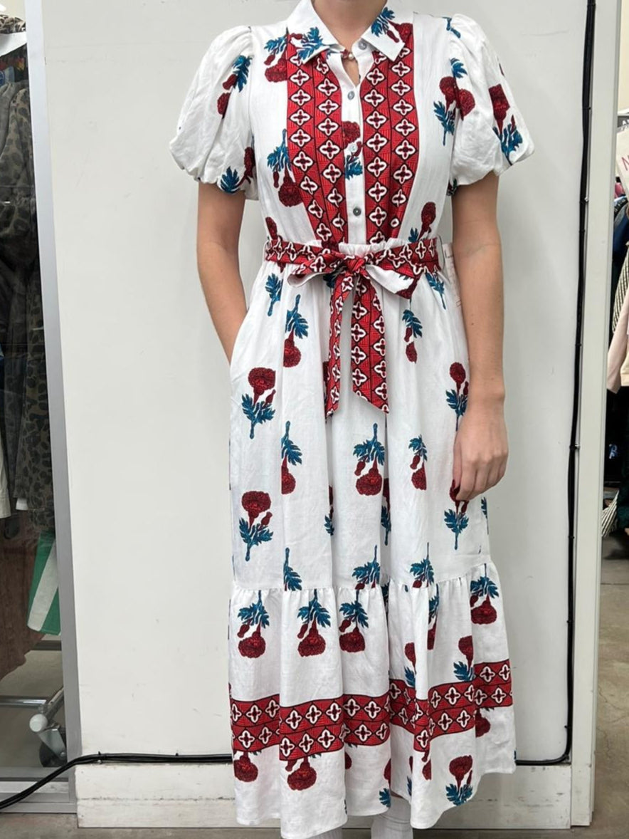 Poppy Red and Blue Floral Belted Patterned Dress with Short Puff Sleeves