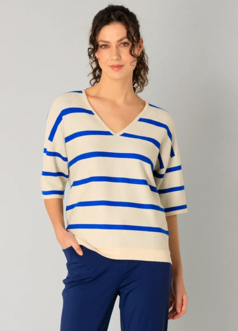 Raine Royal Blue Striped Off White V Neck Lightweight Sweater