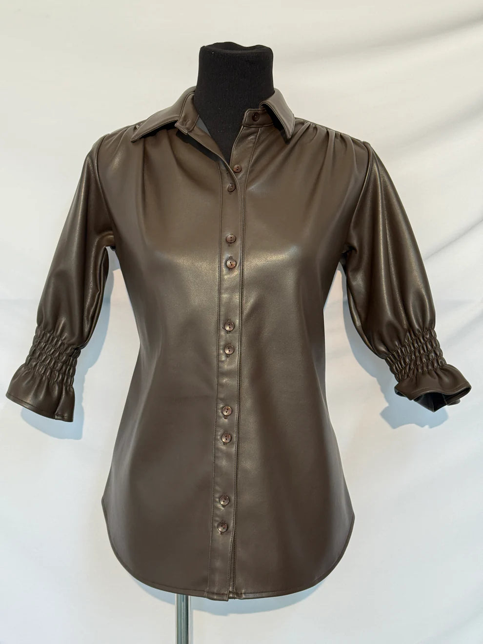 Lindsay Black faux leather Button Down Top with 3/4 Sleeve