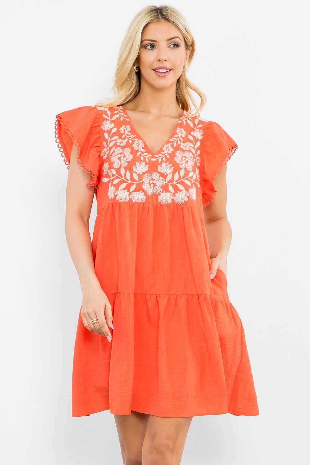 Randi Orange tiered V Neck dress with White Embroidered Neckline