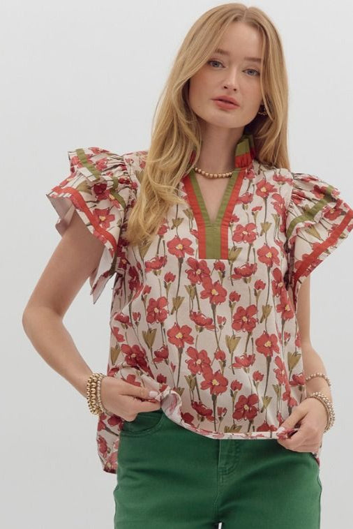 Rusty Floral Print Ruffle Sleeve Top