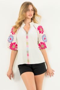 Sadie off White Textured Top with Emboridered Stiching and Floral Sleeves