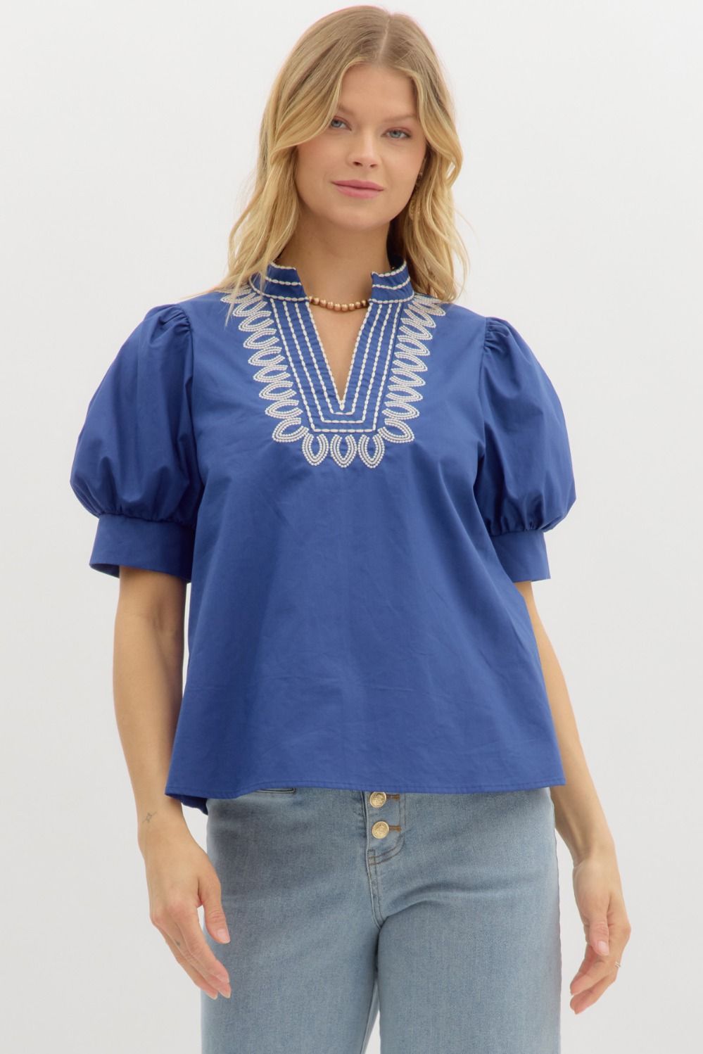 Scottie Royal Blue Puff Sleeve Top with Embroidered Band