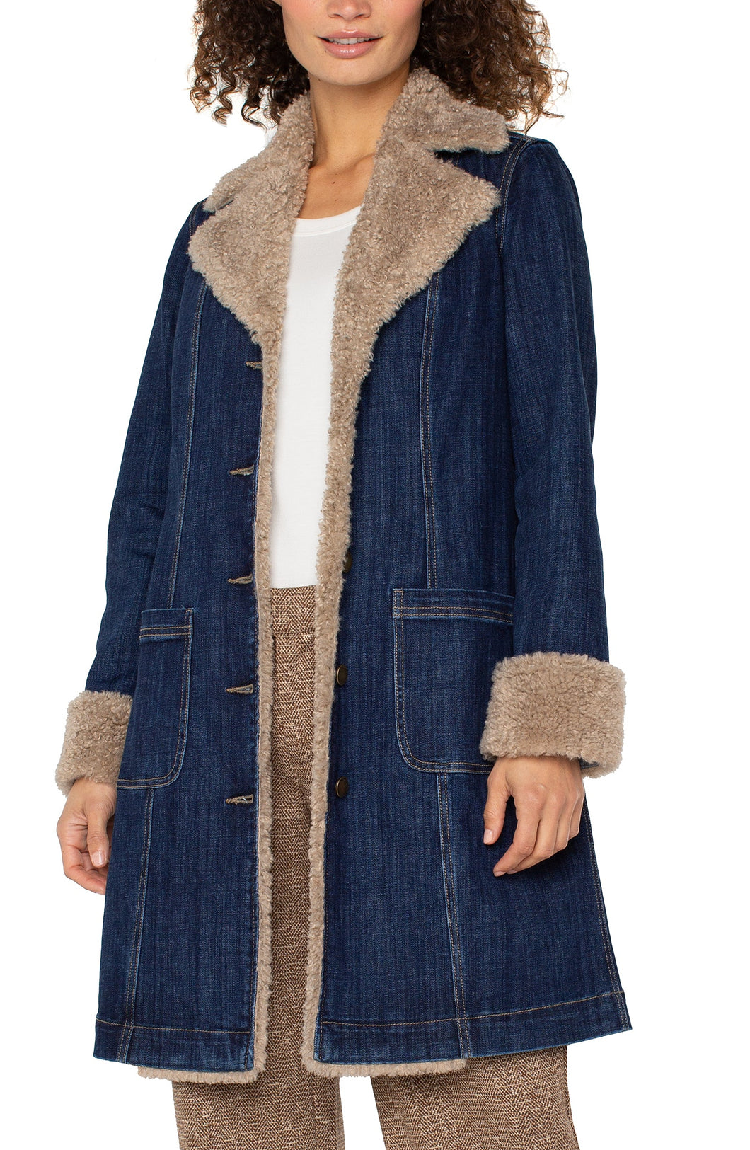 Sherpa lined Long Denim Jacket wtih Notched Collar
