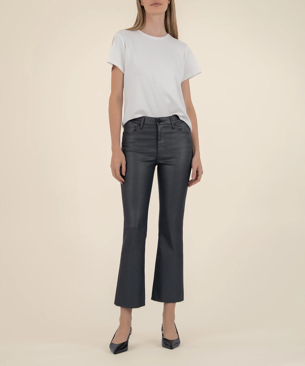 Kelsey Coated Dark Silver Bell High Rise Ankle Flare Jean