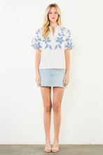 Load image into Gallery viewer, Leland Off white Puff sleeve top with Blue embrodered Flowers
