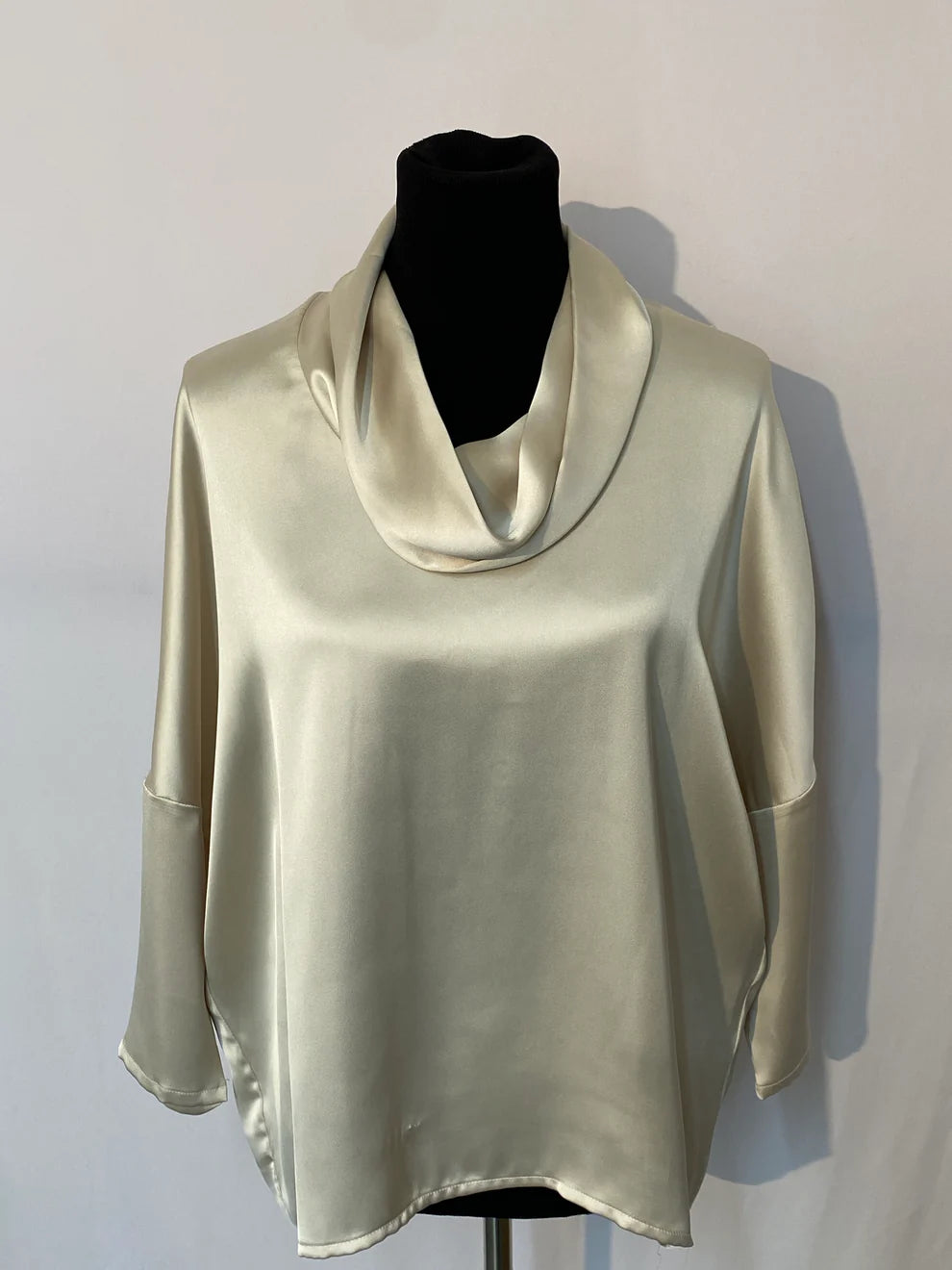 Stasha Stone Button Back Cowl Neck Satin Top