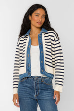 Load image into Gallery viewer, Francis Ivory and Blue Striped Sweater with Denim Trim Jacket
