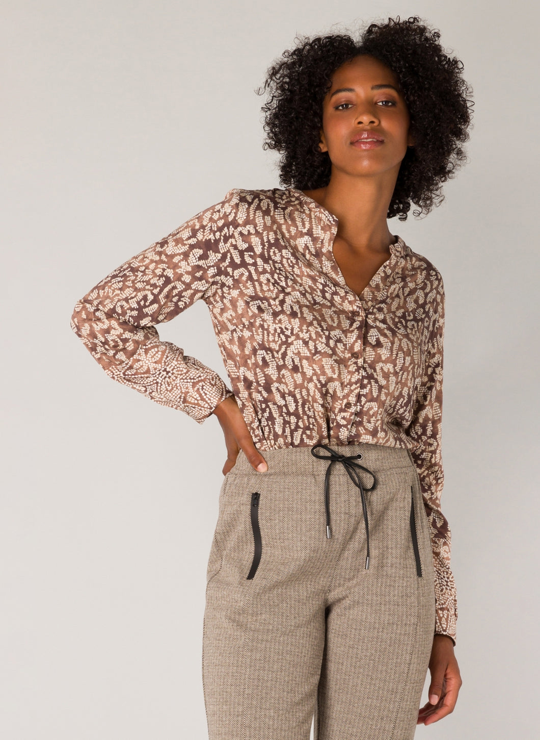 Tawny V Neck Brown and Cream Long Sleeve Top