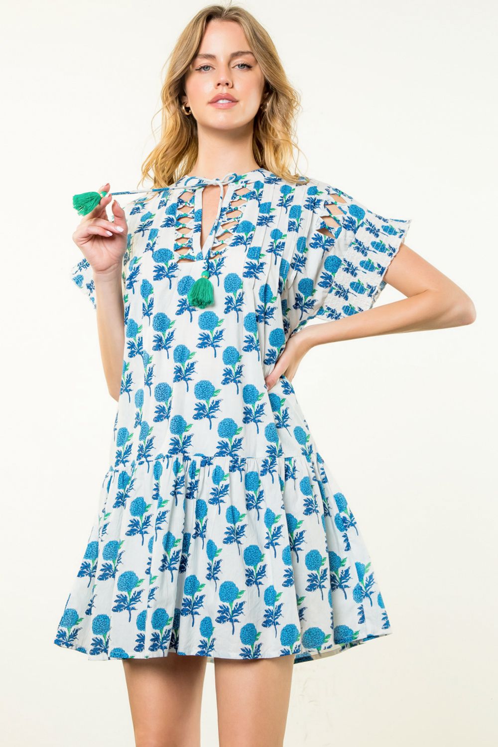 Violet Tie Strap Blue Floral Print Dress