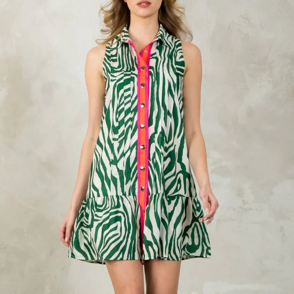 Zebby Green Zebra Print Dress with Pink Accent Stripe