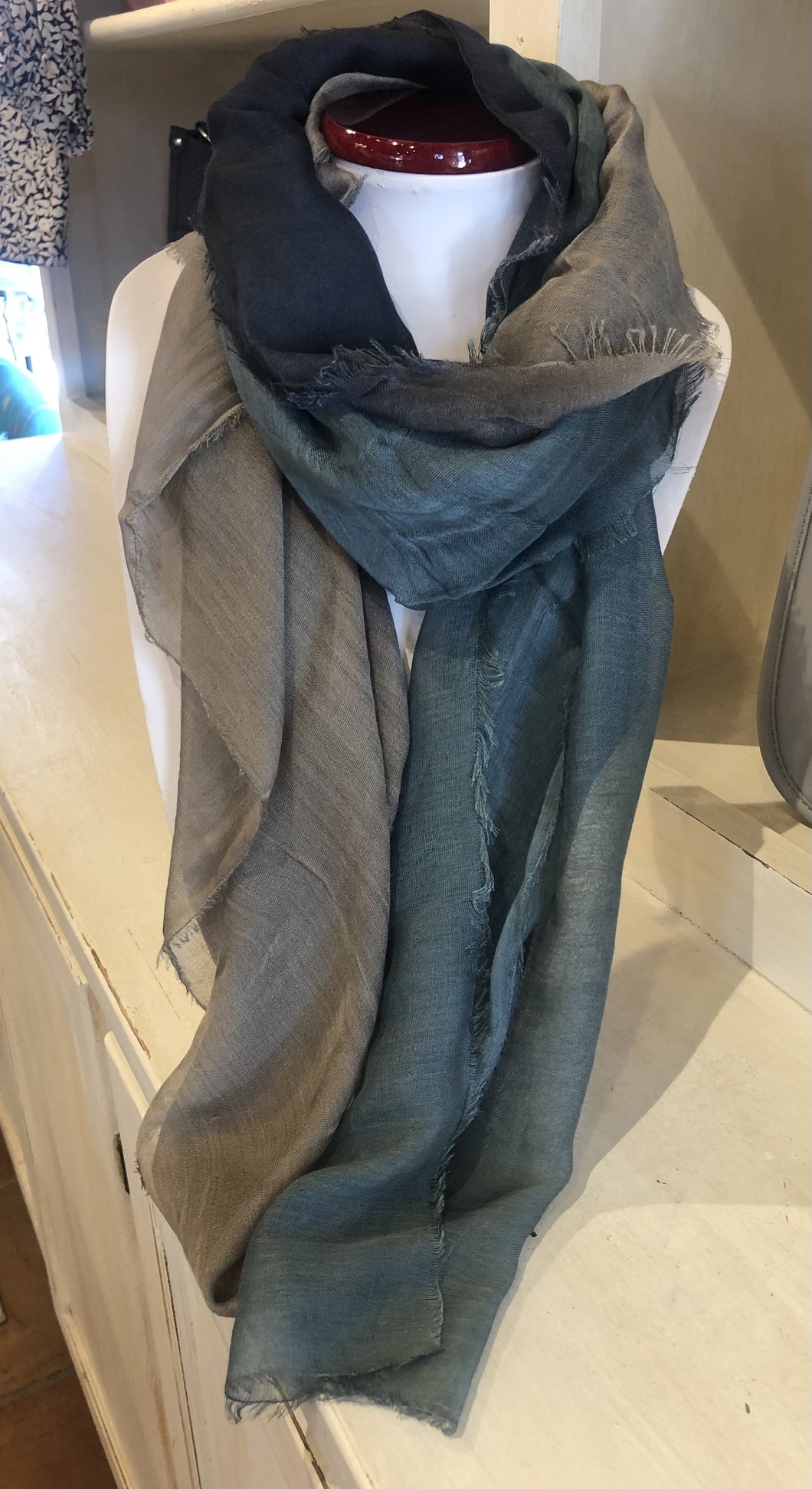Mid size Silk and Cashmere Scarf Dream Denim Olive Ombre