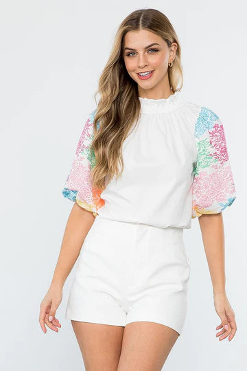 Devyn Puff Sleeve Multi Colored embroidered Sleeve Top with Button Down Back