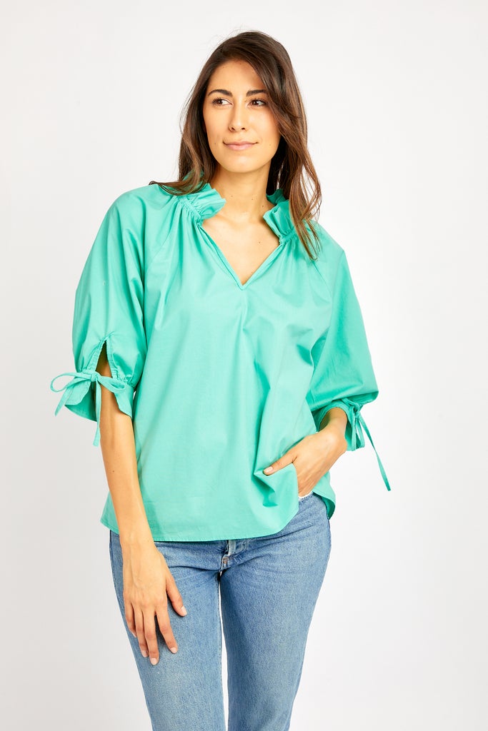Eloise One Size Top with Ruffle Neck and Tie 3/4 Sleeves