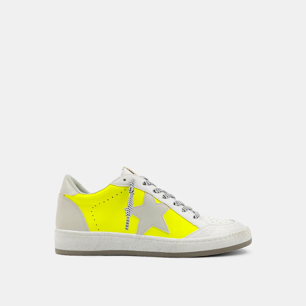 Paz Star Sneaker with Beige Star and Neon Yellow Trim